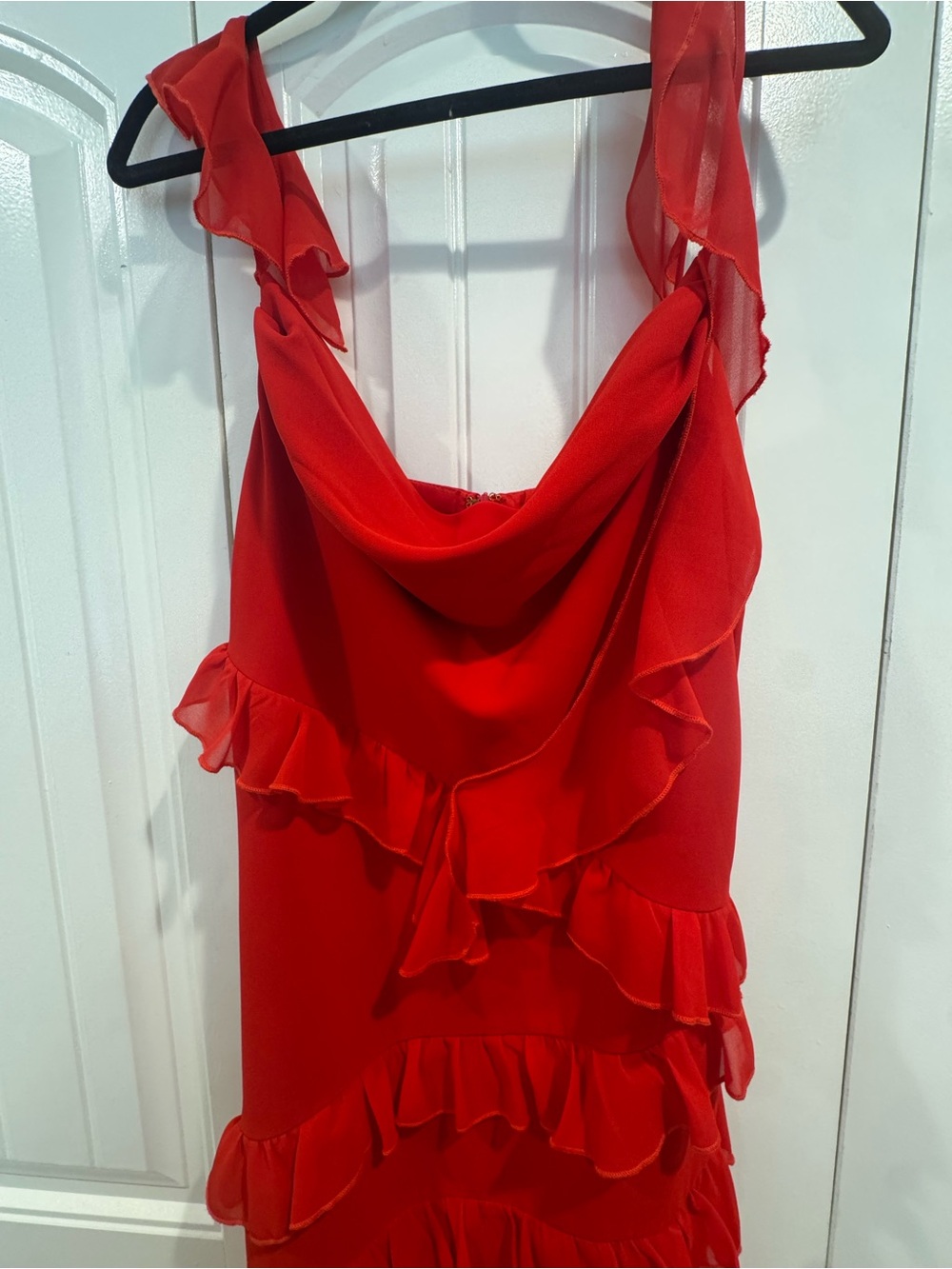 Red Ruffle High-Low Dress with Draped Neckline - Picture 2 of 4